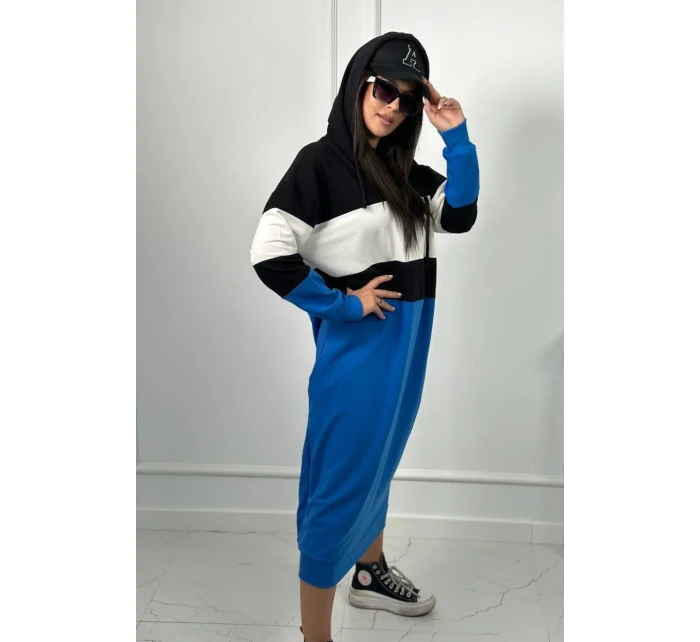 Trikolorní šaty s kapucí Černá + ecru + chrpa