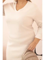 Dámské šaty Plus Size máslové s výstřihem do V a rukávem béžové