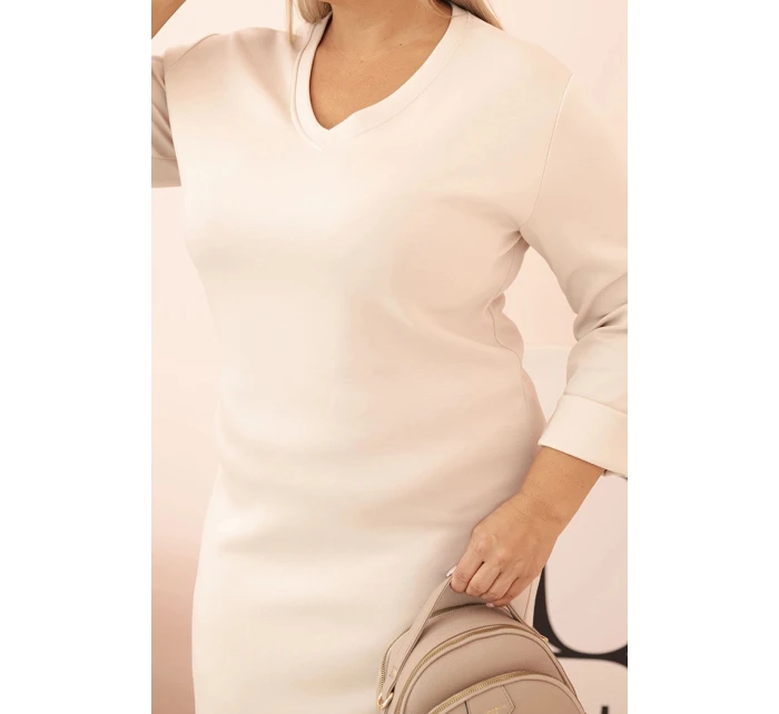 Dámské šaty Plus Size máslové s výstřihem do V a rukávem béžové