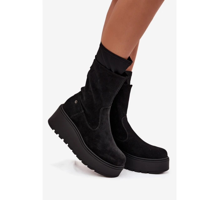Dámské kožené semišové kotníkové boty na masivní platformě Maciejka A7161-20 Černé