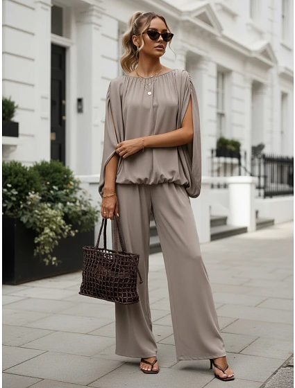 Dámská viskózová souprava se širokými kalhotami, béžová, FashionStreet AY1202
