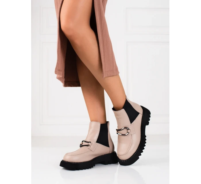 Exkluzívní  kotníčkové boty dámské hnědé na plochém podpatku