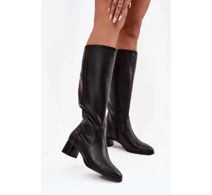 Kožené zateplené dámské kozačky na podpatku model 21728436 Černé - Maciejka