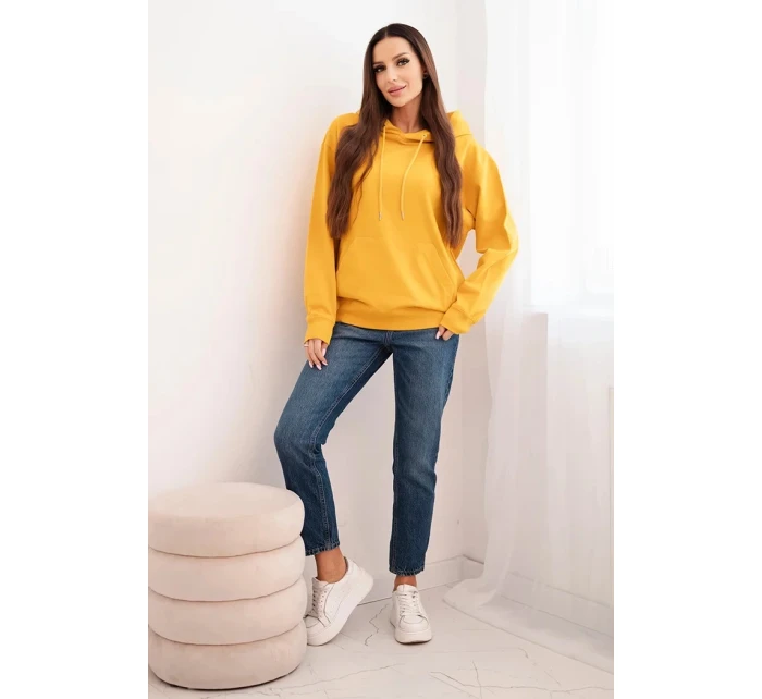 Dámská mikina s kapucí a klokaní kapsou z pletené bavlny hořčicová