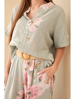 Dámský bavlněný komplet s krátkým rukávem a širokými nohavicemi khaki