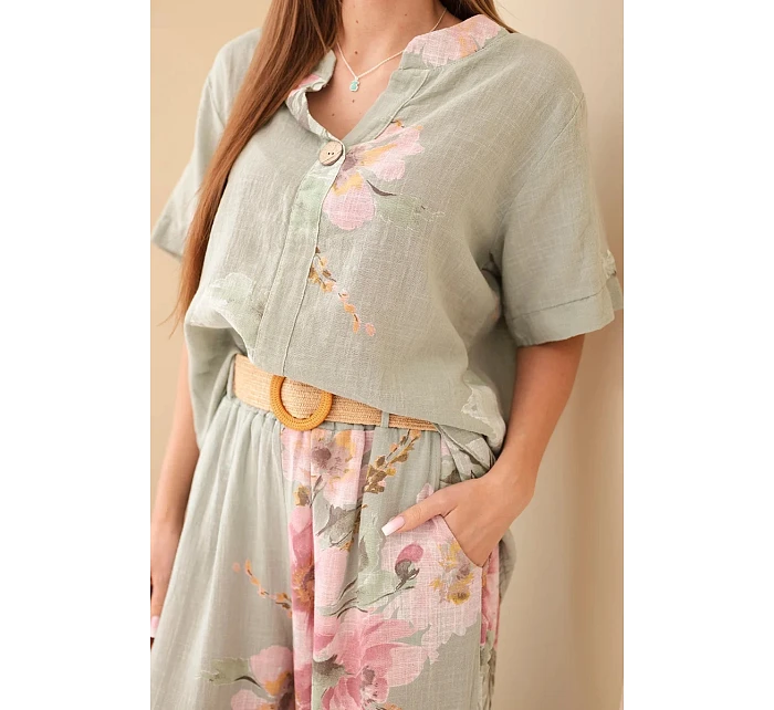 Dámský bavlněný komplet s krátkým rukávem a širokými nohavicemi khaki