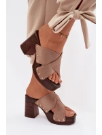 Dámské sandály na podpatku se zlatými přezkami tmavě béžové Nerelle