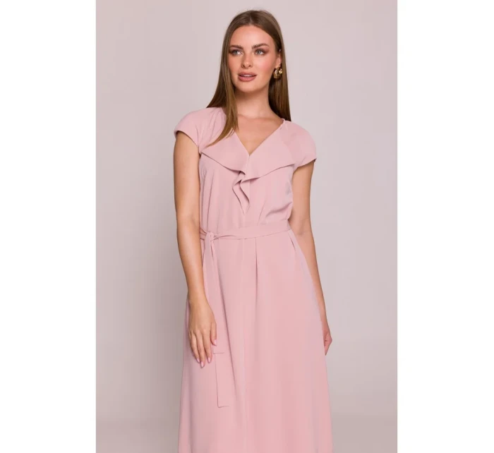 S411 Šaty bez rukávů s volánkovým výstřihem - pudrové S411 Šaty bez rukávů s volánkovým výstřihem - pudrové