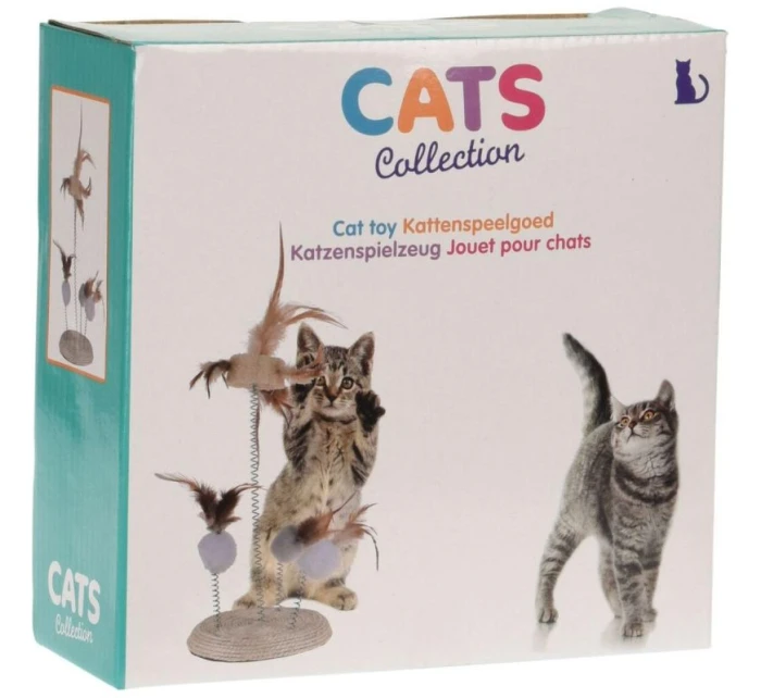 KOČIČÍ HRAČKA PEŘÍ NA PRUŽINÁCH NA ŠKRABADLE 14X33CM