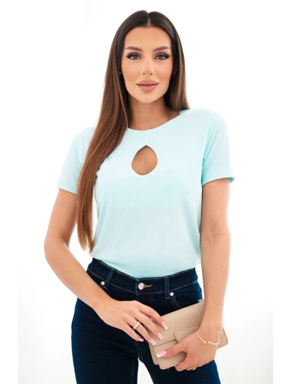 Dámská viskózová žebrovaná halenka s ozdobným výstřihem u model 22025278 mentolová - K-Fashion