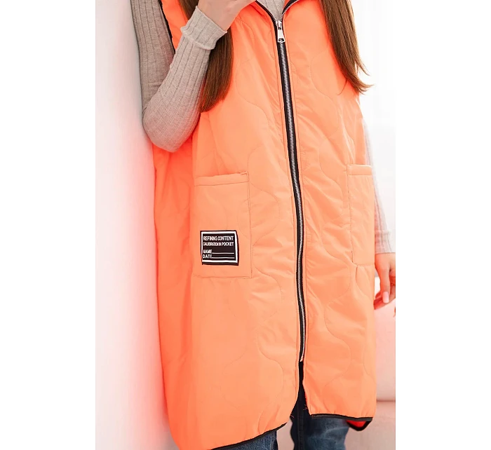 Dámská prošívaná vesta Plus Size s kapucí model 22064345 na zip oranžový neon - K-Fashion