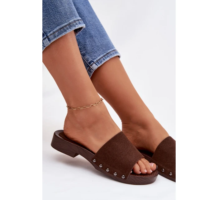 Dámské pantofle s přezkami na nízkém podpatku Čokoládové Amelvessa