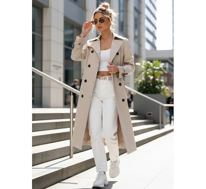 Dámský dvouřadý trenčkot s kapucí světle béžový FashionStreet TY5655