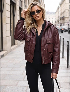 Kurtka damska skórzana z kapturem bordowa model 22341070 - FashionStreet