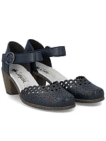 Dámské kožené sandály na jehlovém podpatku pohodlné ažurové tmavě modré Rieker 40902-14