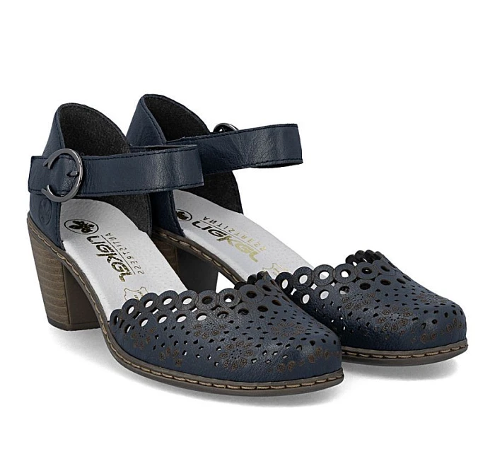 Dámské kožené sandály na jehlovém podpatku pohodlné ažurové tmavě modré Rieker 40902-14
