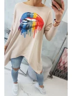 Oversize halenka s potiskem duhových rtů béžová