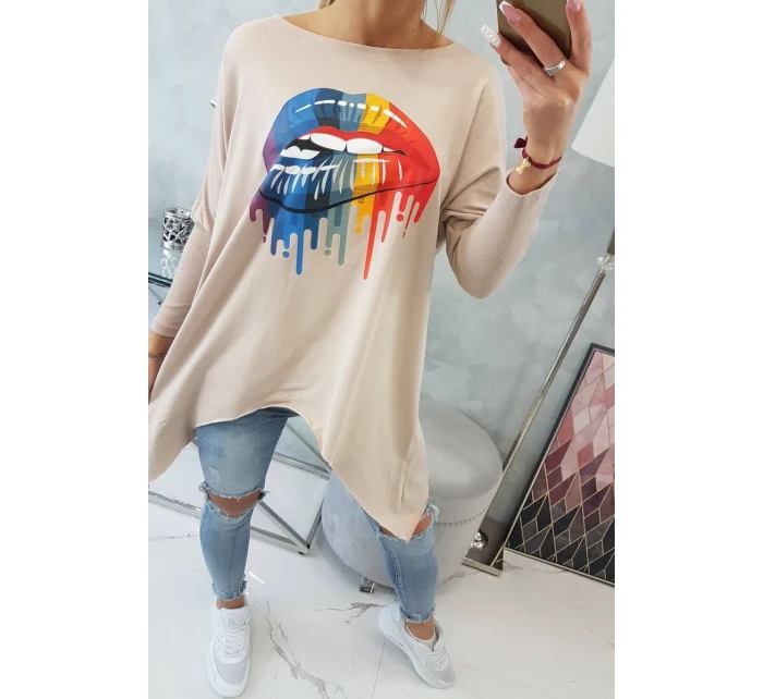 Oversize halenka s potiskem duhových rtů béžová