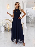 Elegantní maxi večerní šaty na ramínka s a zavazováním v pase tmavě modré model 22210933 - numoco basic