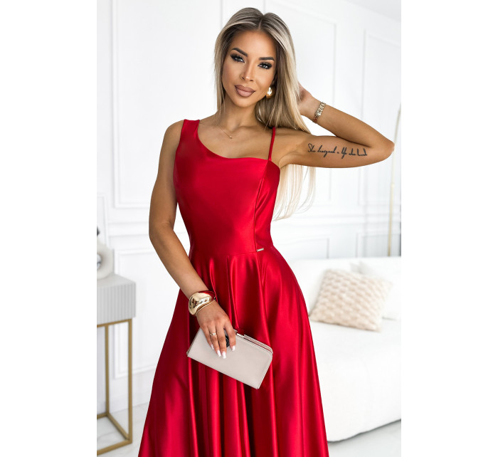 Elegantní dlouhé červené dámské saténové šaty přes jedno rameno 524-1