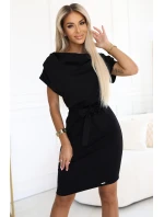 240-8 ROXI šaty s asymetrickou sukní a páskem - ČERNÁ