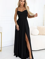 646-4 Dlouhé společenské šaty bez ramínek s rozparkem na nohou - černé