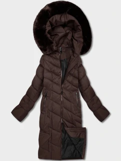 Hnědá dlouhá dámská bunda s kapucí (7662#-F01)