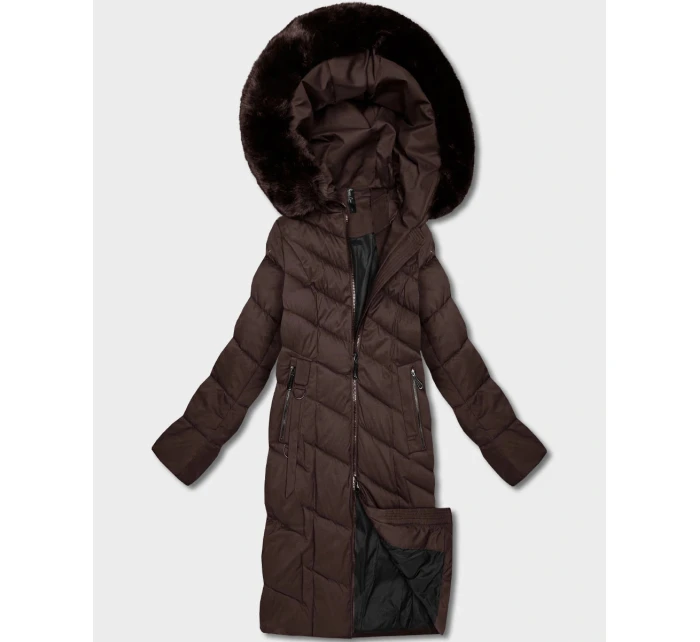 Hnědá dlouhá dámská bunda s kapucí model 21819865 - ROSSE LINE