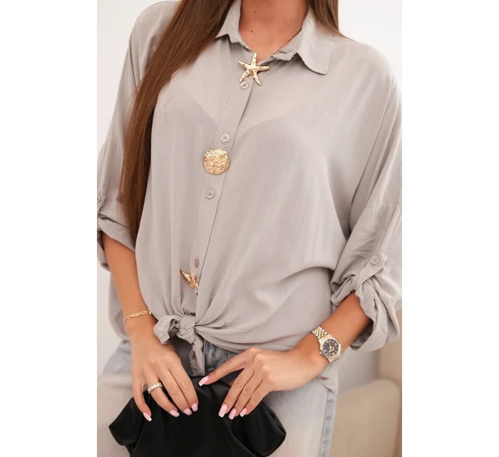 Dámská košile s viskózou a ozdobnými knoflíky a límečkem tmavě béžová