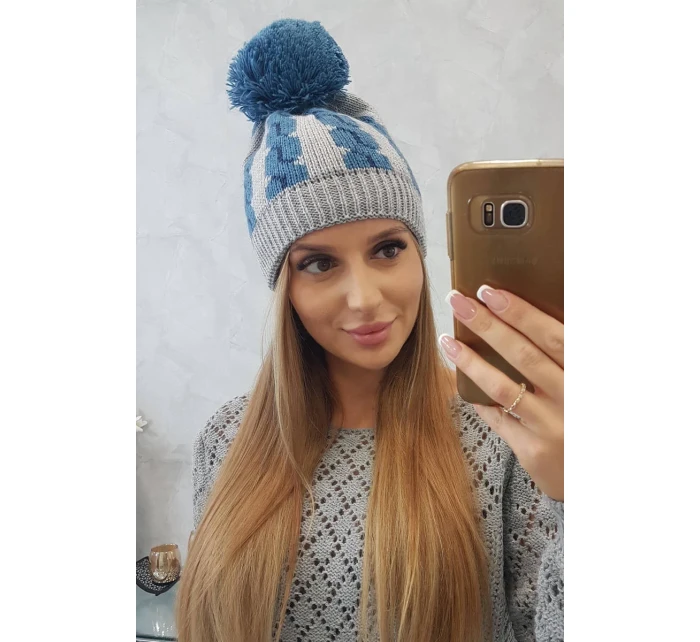 Dámská čepice s bambulí Rozalia K323 denim+grey