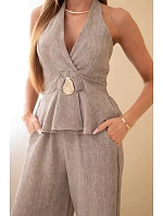 Dámský viskózový komplet: zavazovací top a kalhoty se širokou nohavicí fango Dámský viskózový komplet: zavazovací top a kalhoty se širokou nohavicí fango