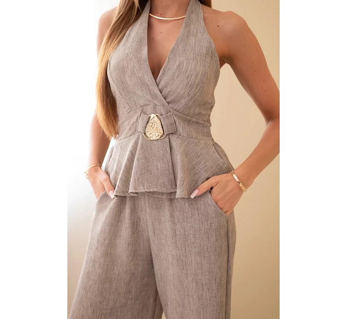 Dámský viskózový komplet: zavazovací top a kalhoty se širokou nohavicí fango Dámský viskózový komplet: zavazovací top a kalhoty se širokou nohavicí fango