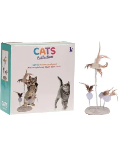 KOČIČÍ HRAČKA PEŘÍ NA PRUŽINÁCH NA ŠKRABADLE 14X33CM