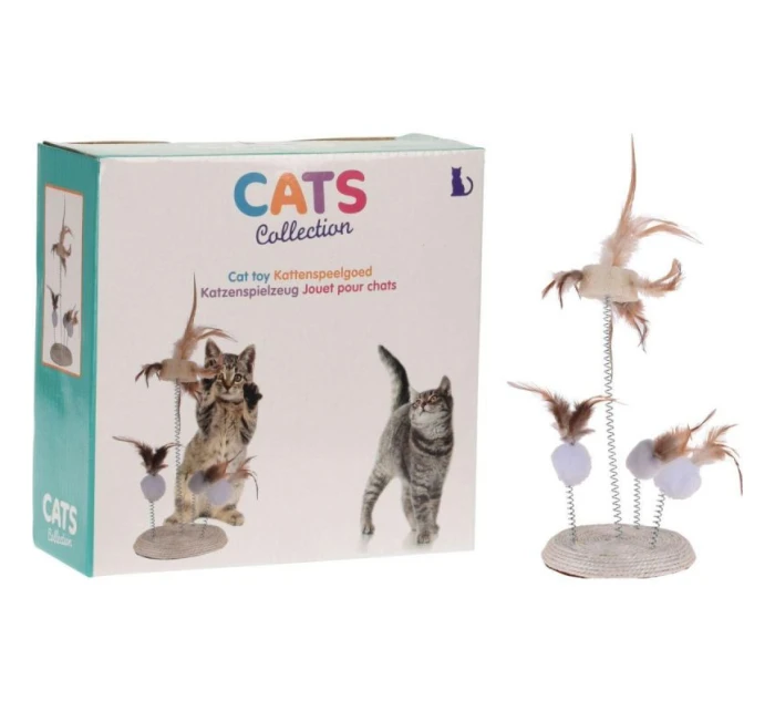 KOČIČÍ HRAČKA PEŘÍ NA PRUŽINÁCH NA ŠKRABADLE 14X33CM