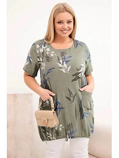 Dámská bavlněná halenka Plus Size s krátkým rukávem a zavazováním dole khaki