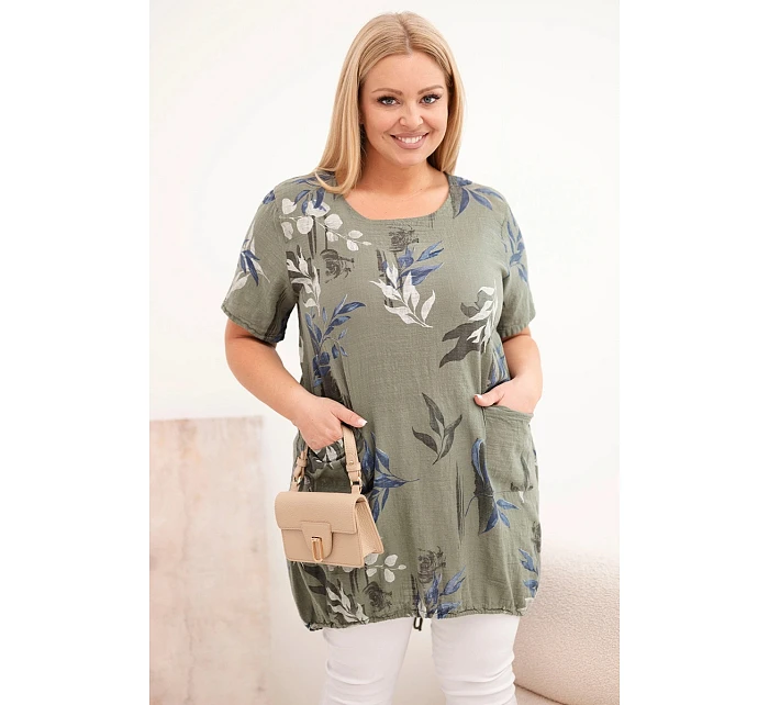 Dámská bavlněná halenka Plus Size s krátkým rukávem a zavazováním dole khaki