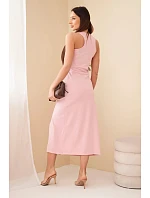Dámské bavlněné midi šaty bez rukávů s řasením světle pudrově růžové