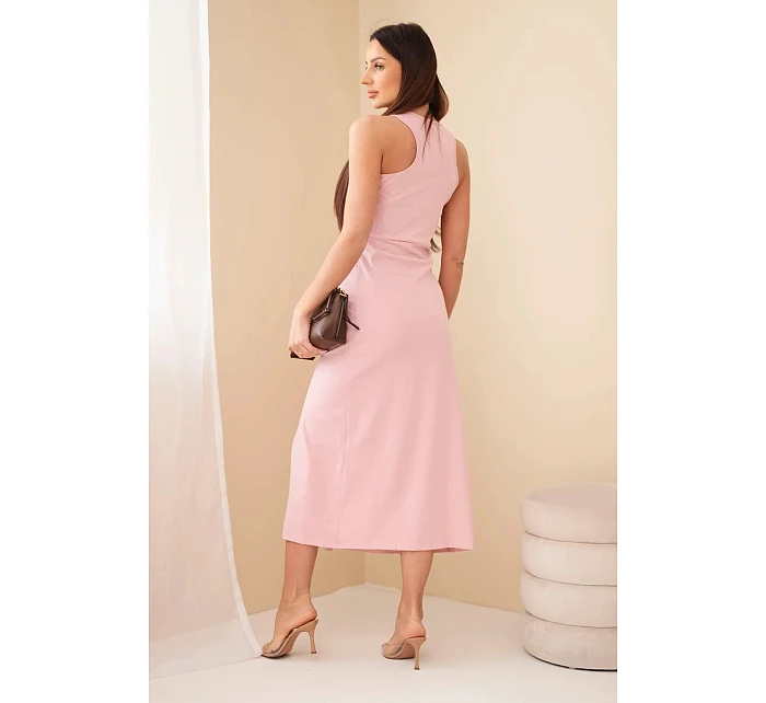 Dámské bavlněné midi šaty bez rukávů s řasením světle pudrově růžové