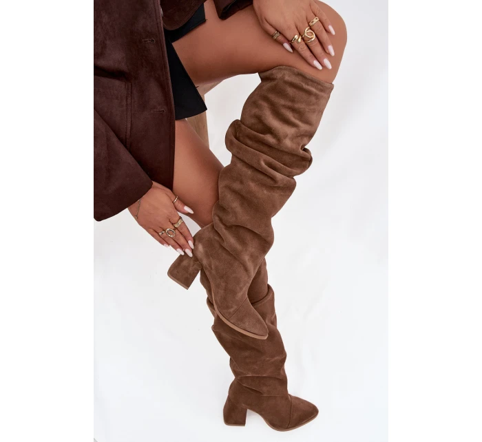 Vlnité kozačky z přírodního semiše na podpatku zateplené Zazoo 4228 světle hnědé