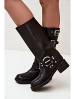 Dámské kožené kozačky na nízkém podpatku s přezkami Big Star model 22349500 Černé - Big Star Shoes Dámské kožené kozačky na nízkém podpatku s přezkami Big Star model 22349500 Černé - Big Star Shoes