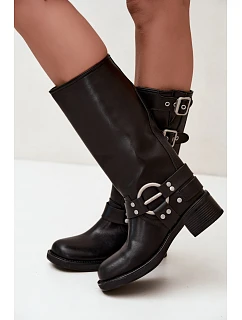 Dámské kožené kozačky na nízkém podpatku s přezkami Big Star model 22349500 Černé - Big Star Shoes