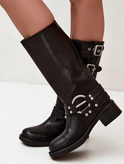 Dámské kožené kozačky na nízkém podpatku s přezkami Big Star model 22349500 Černé - Big Star Shoes