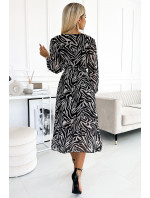 WILD - Delší dámské šifonové šaty s výstřihem, volánky, páskem a se zebřím vzorem 505-2