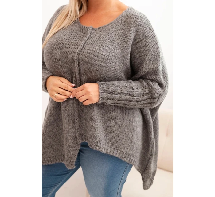 Dámský svetr Plus Size z model 21259036 s volným střihem a 3/4 rukávem grafitový - K-Fashion