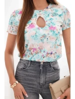 Dámská viskózová žebrovaná halenka s květinovým potiskem mátová