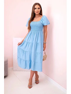 Dámské viskózové šaty s nabíranými rukávy a volánkovým topem modrý