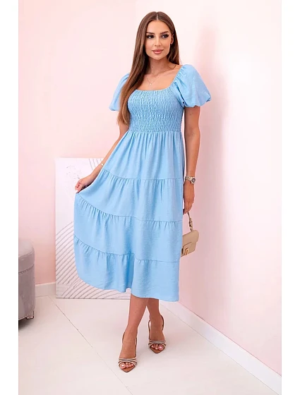 Dámské viskózové šaty s nabíranými rukávy a volánkovým topem modrý