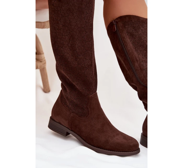 Dámské kozačky s krajkovým vzorem na nízkém podpatku S.Barski HY61-8022 Čokoládové