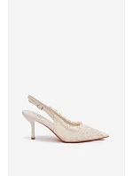 Krajkové Sandály na Podpatku Světle Béžové Carielle