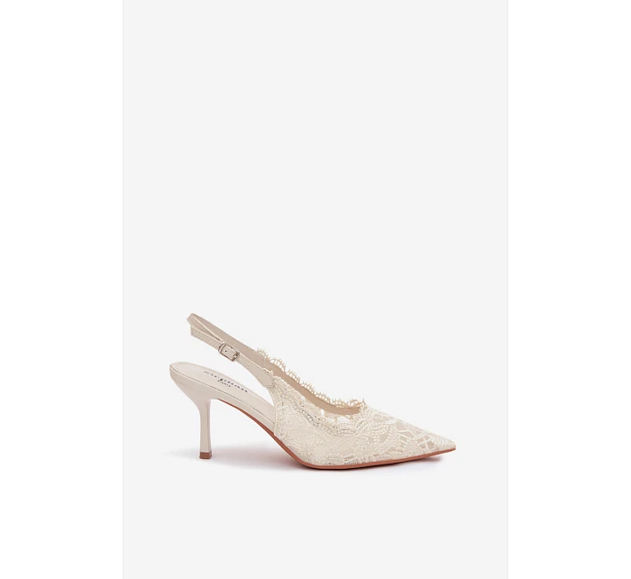Krajkové Sandály na Podpatku Světle Béžové Carielle